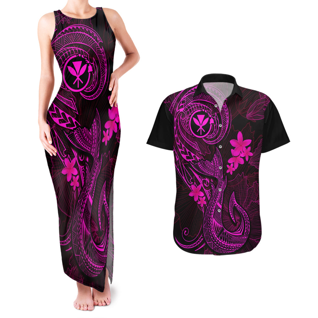 Hawaii Couples Matching Tank Maxi Dress and Hawaiian Shirt Fish Hook Tattoo Mix Polynesian Plumeria Pink Version - Wonder Print Shop