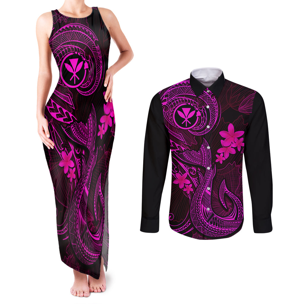 Hawaii Couples Matching Tank Maxi Dress and Long Sleeve Button Shirts Fish Hook Tattoo Mix Polynesian Plumeria Pink Version - Wonder Print Shop