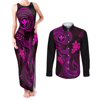 Hawaii Couples Matching Tank Maxi Dress and Long Sleeve Button Shirts Fish Hook Tattoo Mix Polynesian Plumeria Pink Version - Wonder Print Shop