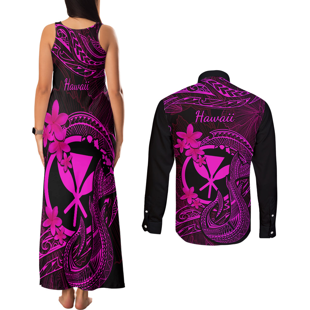 Hawaii Couples Matching Tank Maxi Dress and Long Sleeve Button Shirts Fish Hook Tattoo Mix Polynesian Plumeria Pink Version - Wonder Print Shop