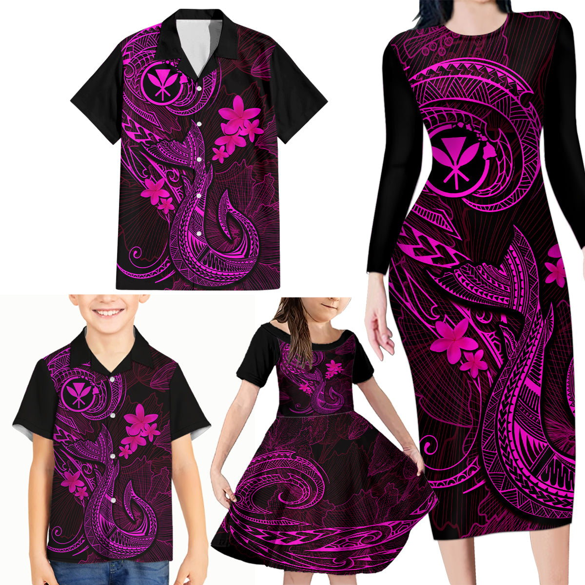 Hawaii Family Matching Long Sleeve Bodycon Dress and Hawaiian Shirt Fish Hook Tattoo Mix Polynesian Plumeria Pink Version - Wonder Print Shop