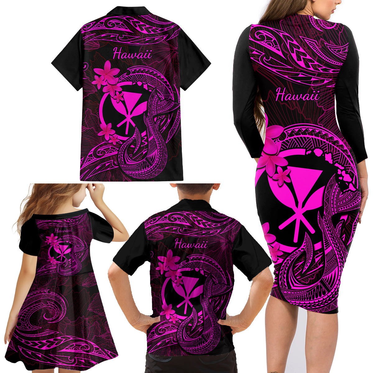 Hawaii Family Matching Long Sleeve Bodycon Dress and Hawaiian Shirt Fish Hook Tattoo Mix Polynesian Plumeria Pink Version - Wonder Print Shop