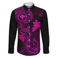Hawaii Family Matching Long Sleeve Bodycon Dress and Hawaiian Shirt Fish Hook Tattoo Mix Polynesian Plumeria Pink Version - Wonder Print Shop