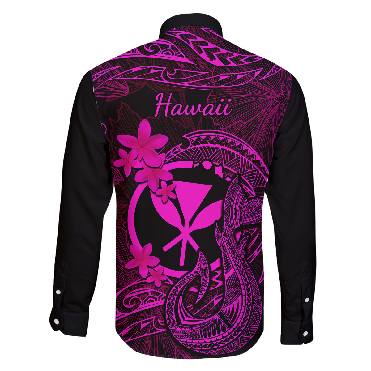 Hawaii Family Matching Long Sleeve Bodycon Dress and Hawaiian Shirt Fish Hook Tattoo Mix Polynesian Plumeria Pink Version - Wonder Print Shop