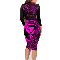 Hawaii Family Matching Long Sleeve Bodycon Dress and Hawaiian Shirt Fish Hook Tattoo Mix Polynesian Plumeria Pink Version - Wonder Print Shop