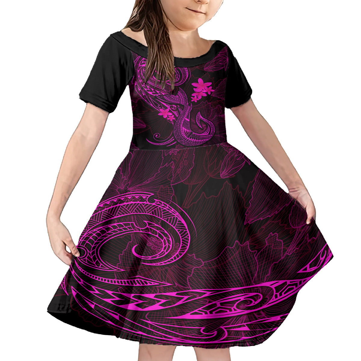 Hawaii Family Matching Mermaid Dress and Hawaiian Shirt Fish Hook Tattoo Mix Polynesian Plumeria Pink Version - Wonder Print Shop