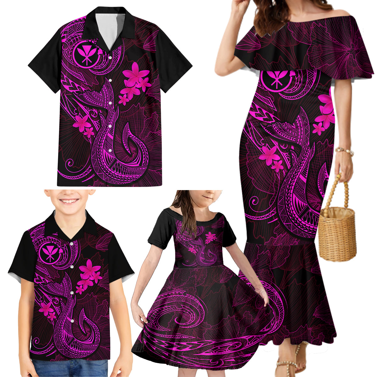 Hawaii Family Matching Mermaid Dress and Hawaiian Shirt Fish Hook Tattoo Mix Polynesian Plumeria Pink Version - Wonder Print Shop