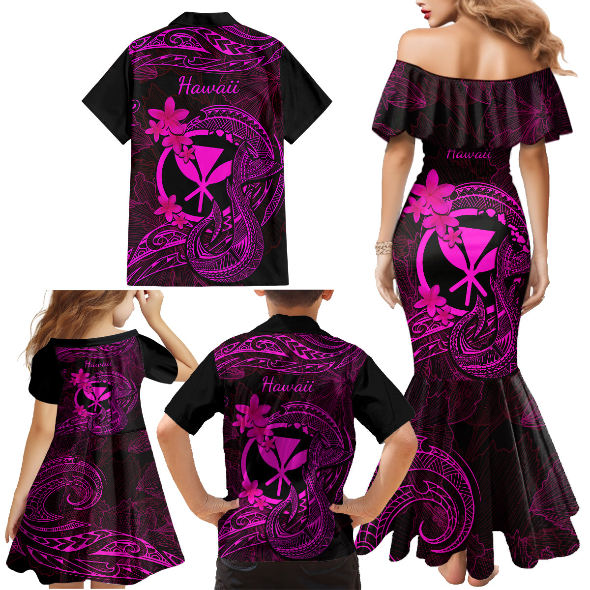 Hawaii Family Matching Mermaid Dress and Hawaiian Shirt Fish Hook Tattoo Mix Polynesian Plumeria Pink Version - Wonder Print Shop