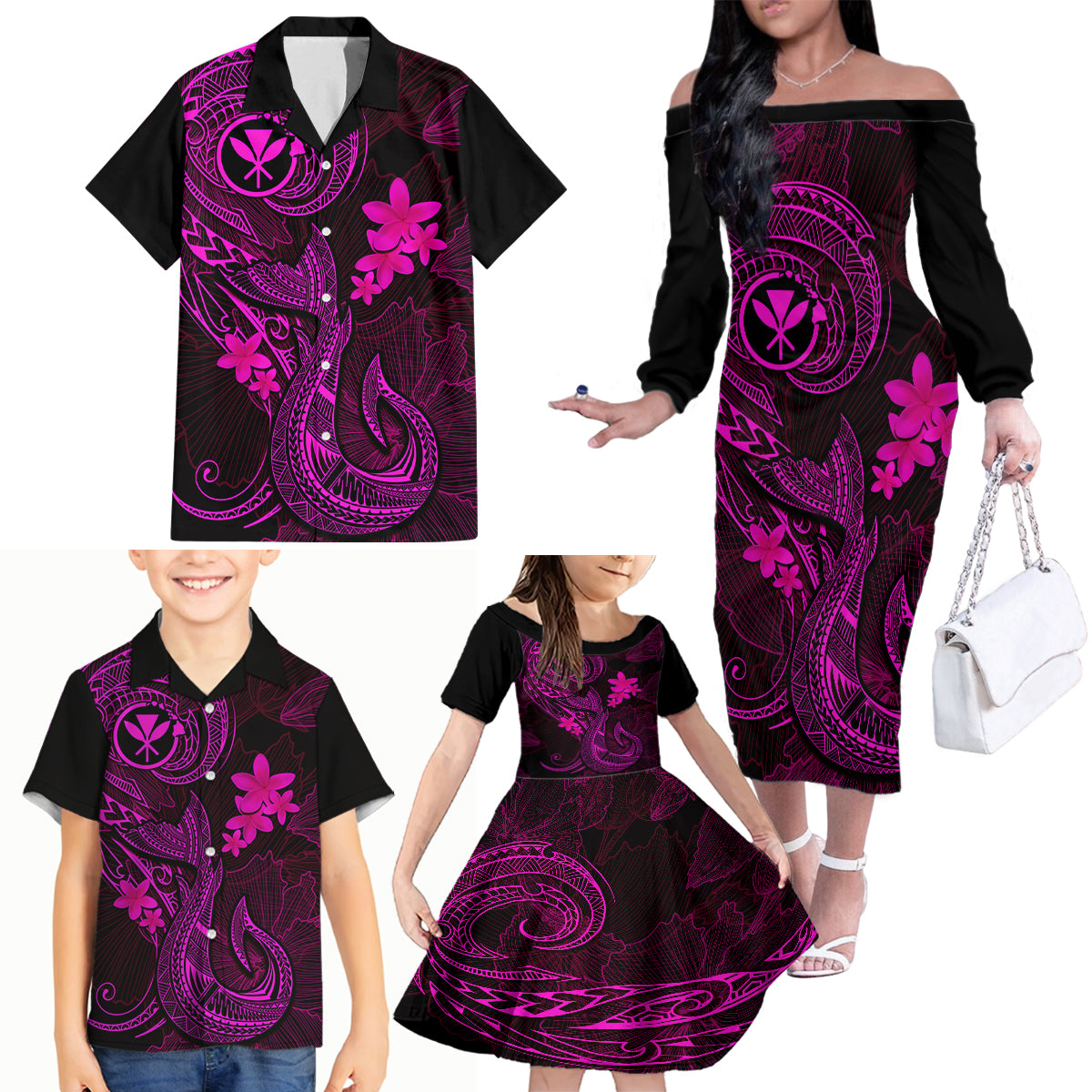 Hawaii Family Matching Off Shoulder Long Sleeve Dress and Hawaiian Shirt Fish Hook Tattoo Mix Polynesian Plumeria Pink Version - Wonder Print Shop