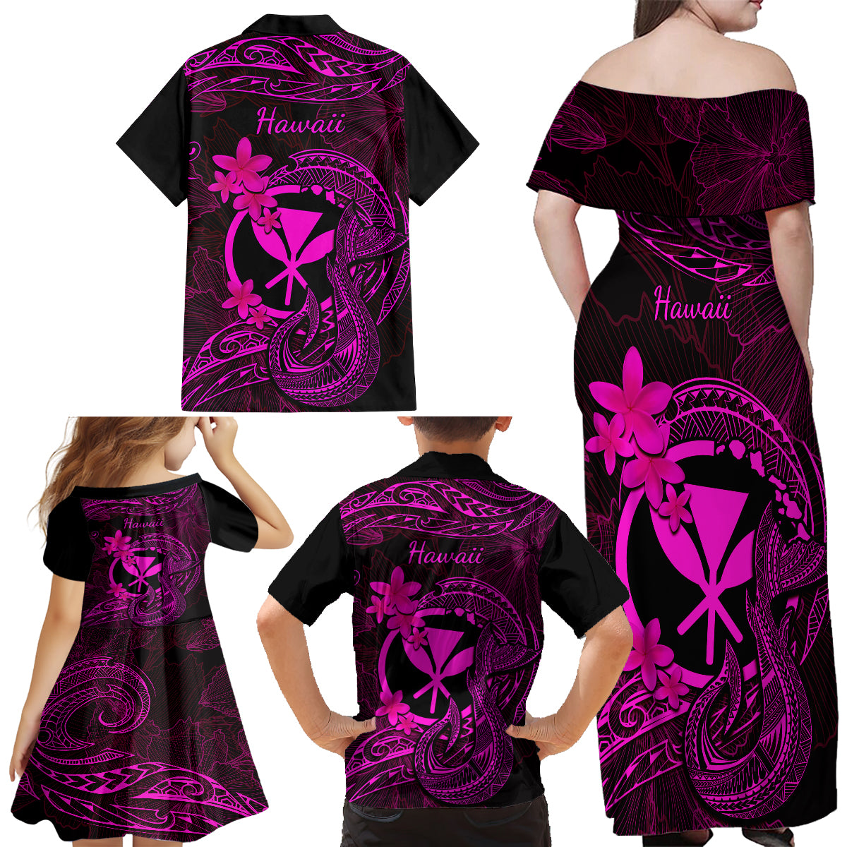 Hawaii Family Matching Off Shoulder Long Sleeve Dress and Hawaiian Shirt Fish Hook Tattoo Mix Polynesian Plumeria Pink Version - Wonder Print Shop