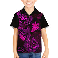 Hawaii Family Matching Off Shoulder Long Sleeve Dress and Hawaiian Shirt Fish Hook Tattoo Mix Polynesian Plumeria Pink Version - Wonder Print Shop