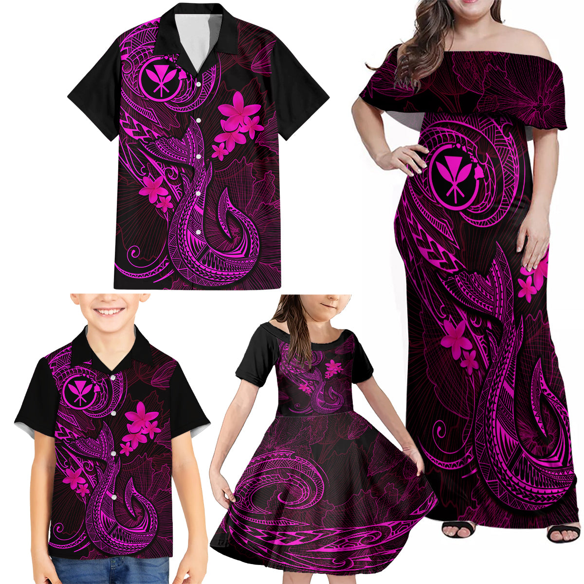 Hawaii Family Matching Off Shoulder Maxi Dress and Hawaiian Shirt Fish Hook Tattoo Mix Polynesian Plumeria Pink Version - Wonder Print Shop
