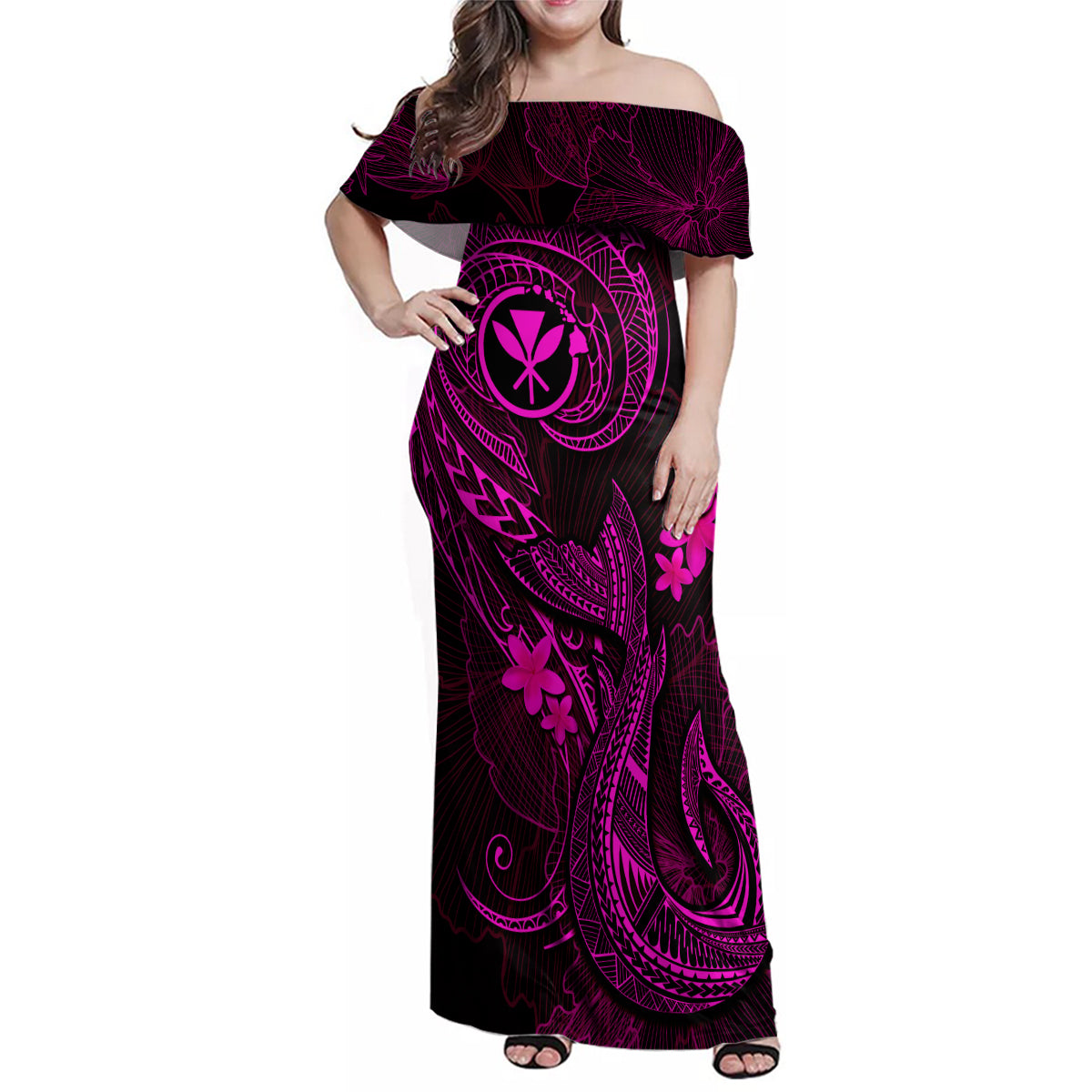 Hawaii Family Matching Off Shoulder Maxi Dress and Hawaiian Shirt Fish Hook Tattoo Mix Polynesian Plumeria Pink Version - Wonder Print Shop