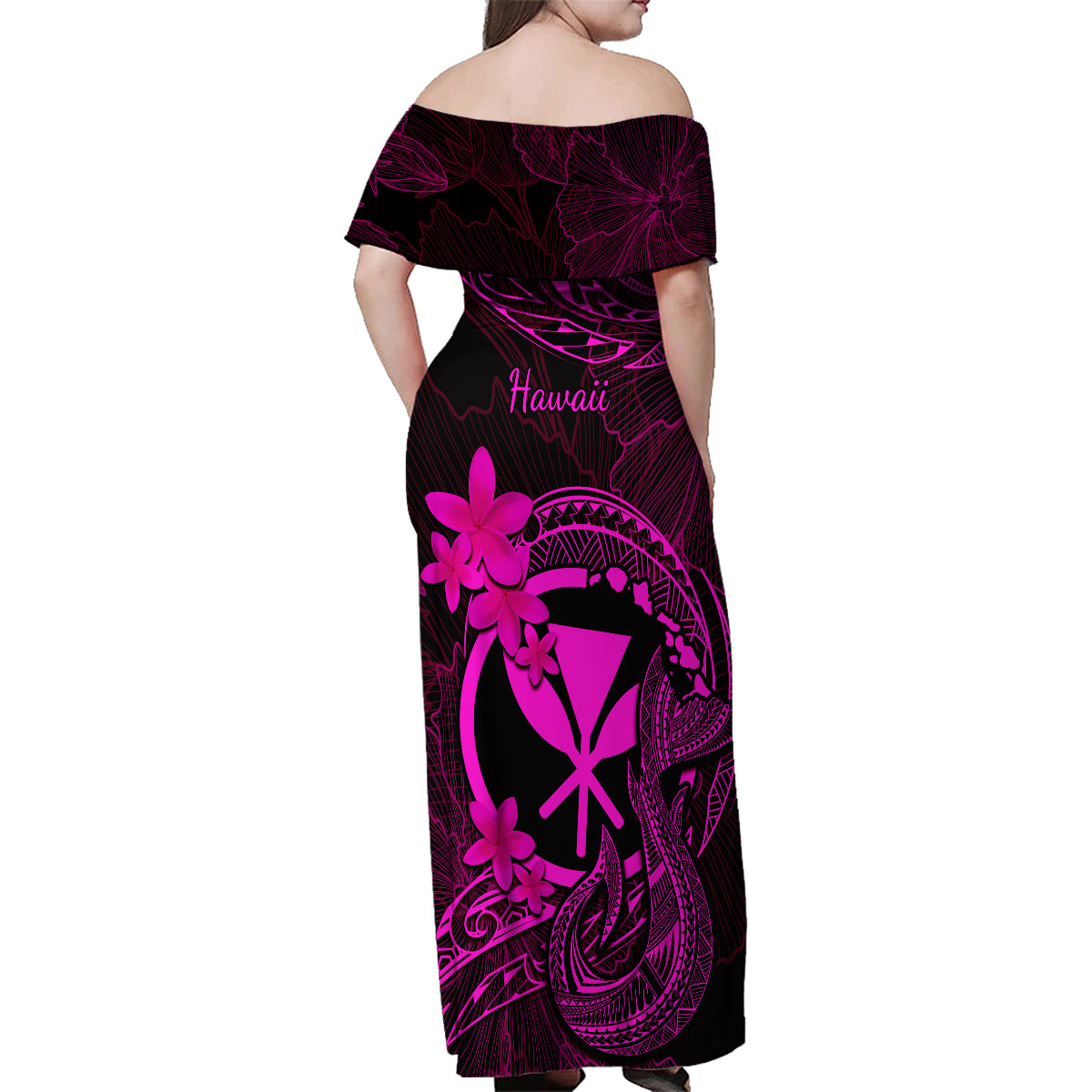 Hawaii Family Matching Off Shoulder Maxi Dress and Hawaiian Shirt Fish Hook Tattoo Mix Polynesian Plumeria Pink Version - Wonder Print Shop