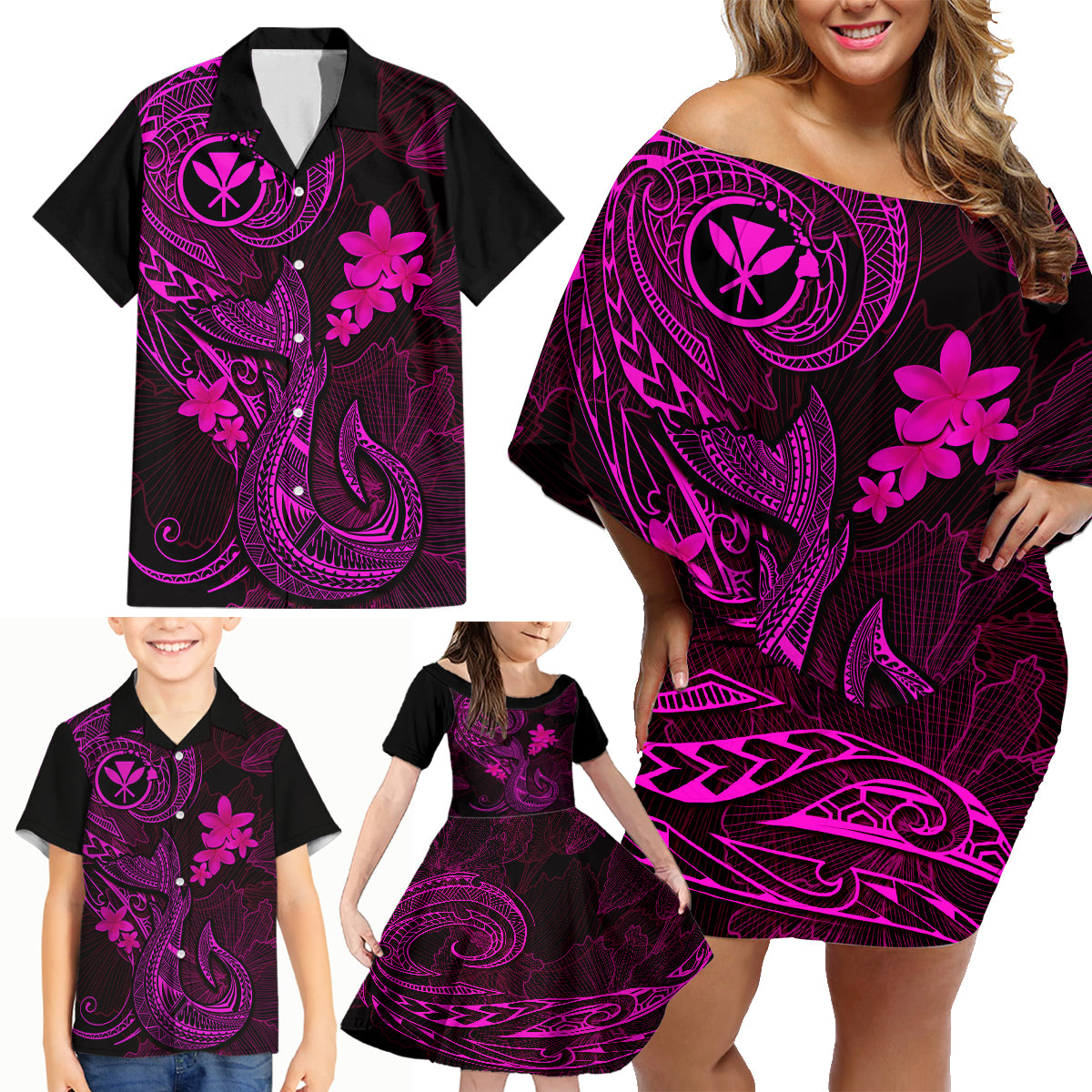 Hawaii Family Matching Off Shoulder Short Dress and Hawaiian Shirt Fish Hook Tattoo Mix Polynesian Plumeria Pink Version - Wonder Print Shop