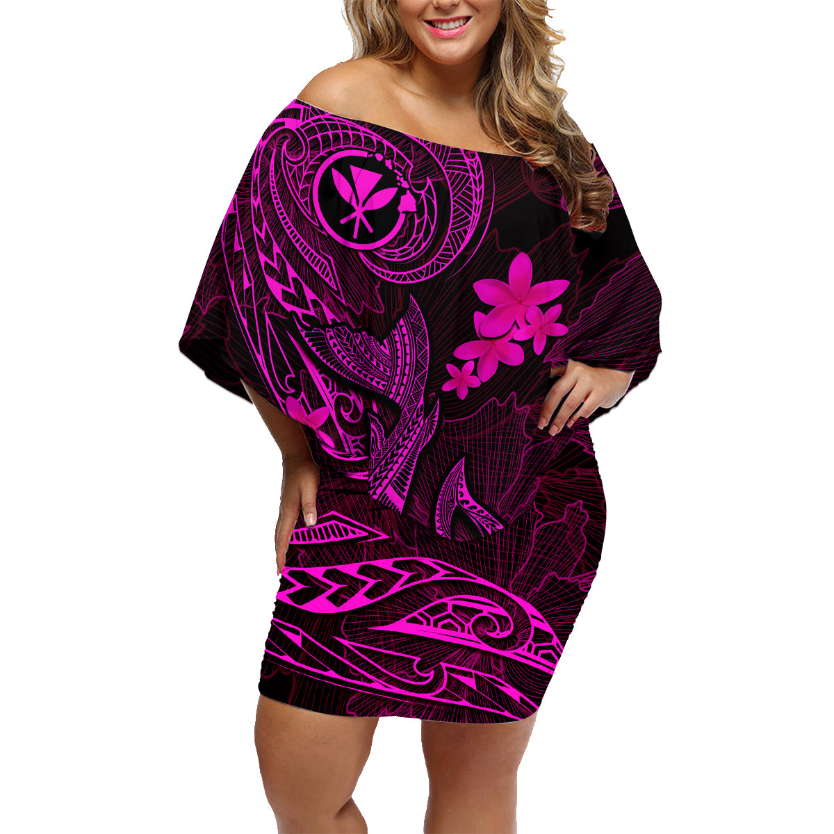 Hawaii Family Matching Off Shoulder Short Dress and Hawaiian Shirt Fish Hook Tattoo Mix Polynesian Plumeria Pink Version - Wonder Print Shop