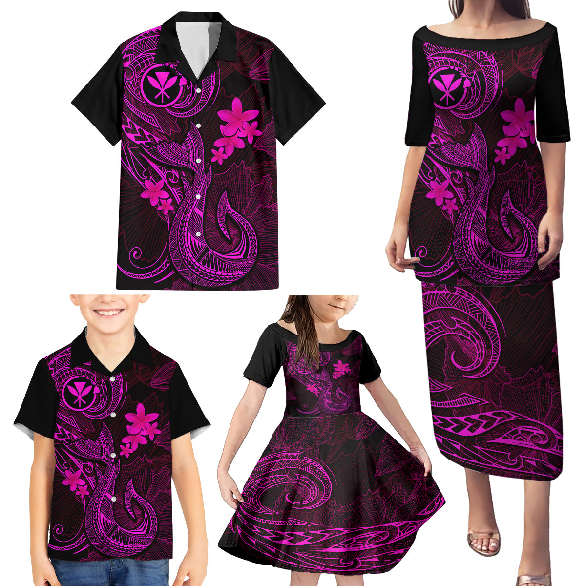 Hawaii Family Matching Puletasi Dress and Hawaiian Shirt Fish Hook Tattoo Mix Polynesian Plumeria Pink Version - Wonder Print Shop