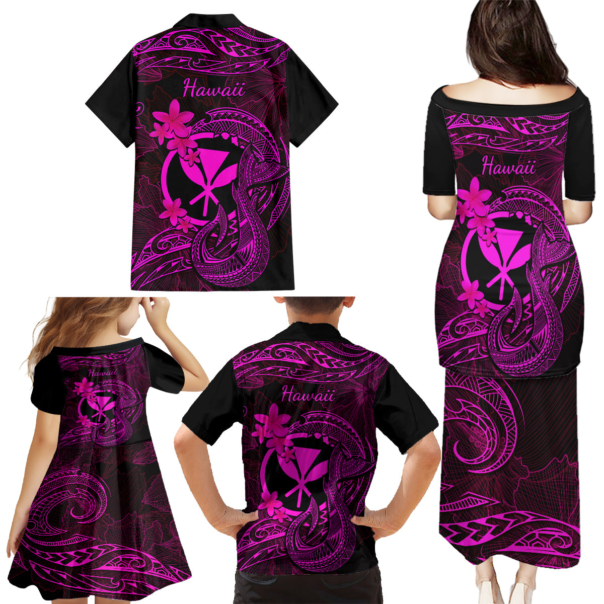 Hawaii Family Matching Puletasi Dress and Hawaiian Shirt Fish Hook Tattoo Mix Polynesian Plumeria Pink Version - Wonder Print Shop