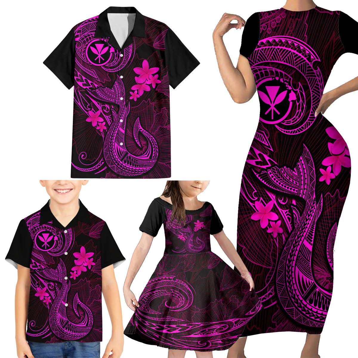 Hawaii Family Matching Short Sleeve Bodycon Dress and Hawaiian Shirt Fish Hook Tattoo Mix Polynesian Plumeria Pink Version - Wonder Print Shop
