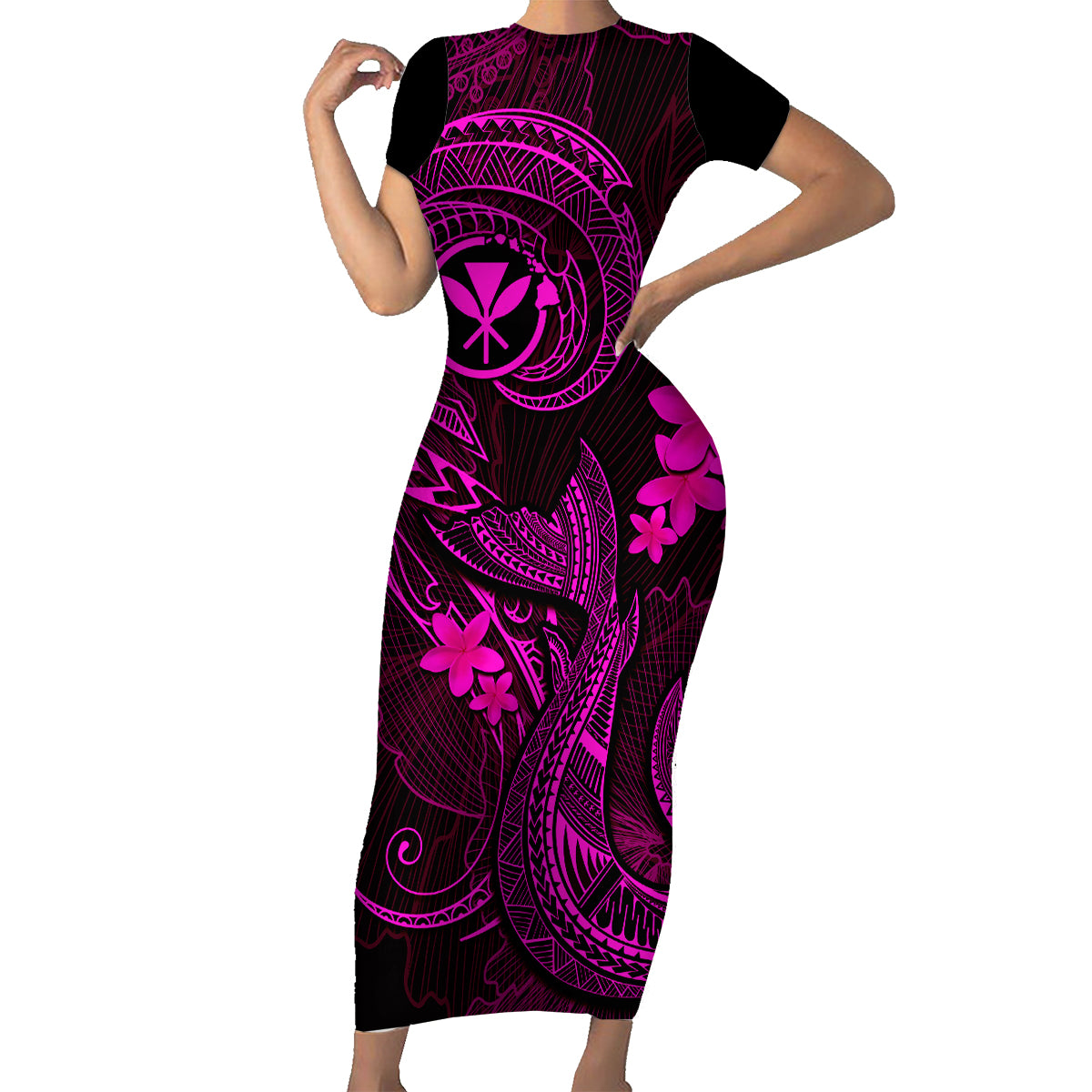 Hawaii Family Matching Short Sleeve Bodycon Dress and Hawaiian Shirt Fish Hook Tattoo Mix Polynesian Plumeria Pink Version - Wonder Print Shop