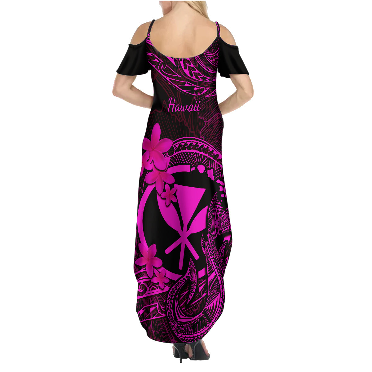 Hawaii Family Matching Summer Maxi Dress and Hawaiian Shirt Fish Hook Tattoo Mix Polynesian Plumeria Pink Version - Wonder Print Shop