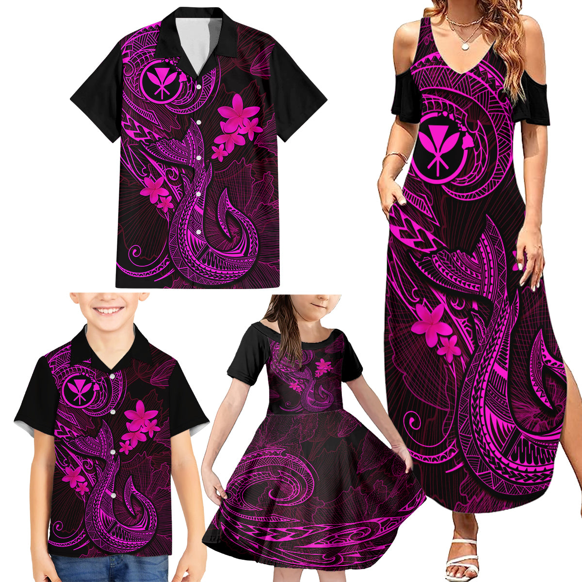 Hawaii Family Matching Summer Maxi Dress and Hawaiian Shirt Fish Hook Tattoo Mix Polynesian Plumeria Pink Version - Wonder Print Shop