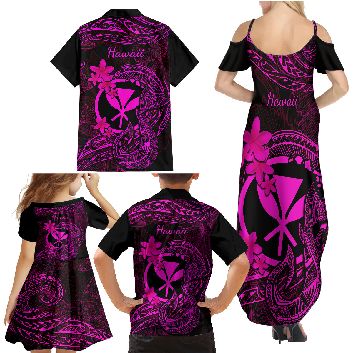 Hawaii Family Matching Summer Maxi Dress and Hawaiian Shirt Fish Hook Tattoo Mix Polynesian Plumeria Pink Version - Wonder Print Shop