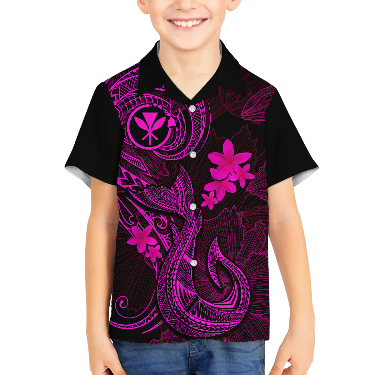 Hawaii Family Matching Summer Maxi Dress and Hawaiian Shirt Fish Hook Tattoo Mix Polynesian Plumeria Pink Version - Wonder Print Shop