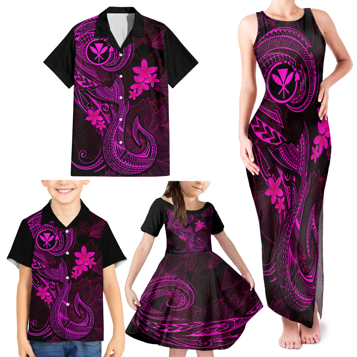 Hawaii Family Matching Tank Maxi Dress and Hawaiian Shirt Fish Hook Tattoo Mix Polynesian Plumeria Pink Version - Wonder Print Shop