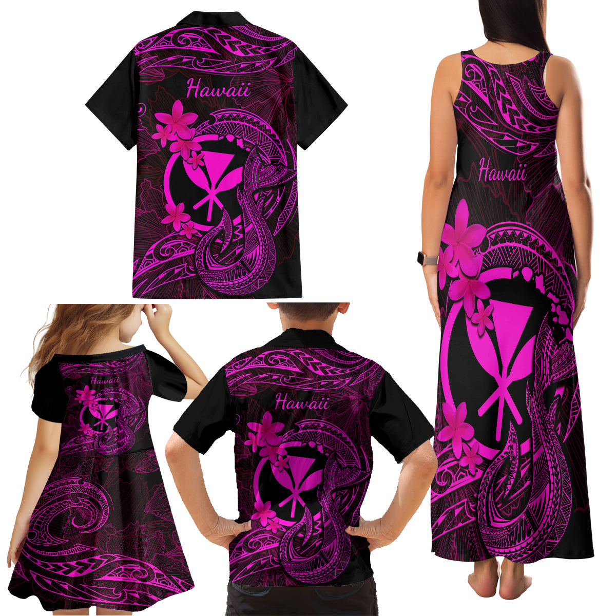 Hawaii Family Matching Tank Maxi Dress and Hawaiian Shirt Fish Hook Tattoo Mix Polynesian Plumeria Pink Version - Wonder Print Shop