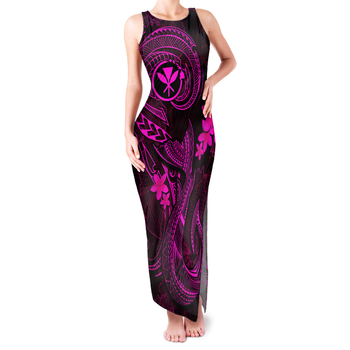 Hawaii Family Matching Tank Maxi Dress and Hawaiian Shirt Fish Hook Tattoo Mix Polynesian Plumeria Pink Version - Wonder Print Shop