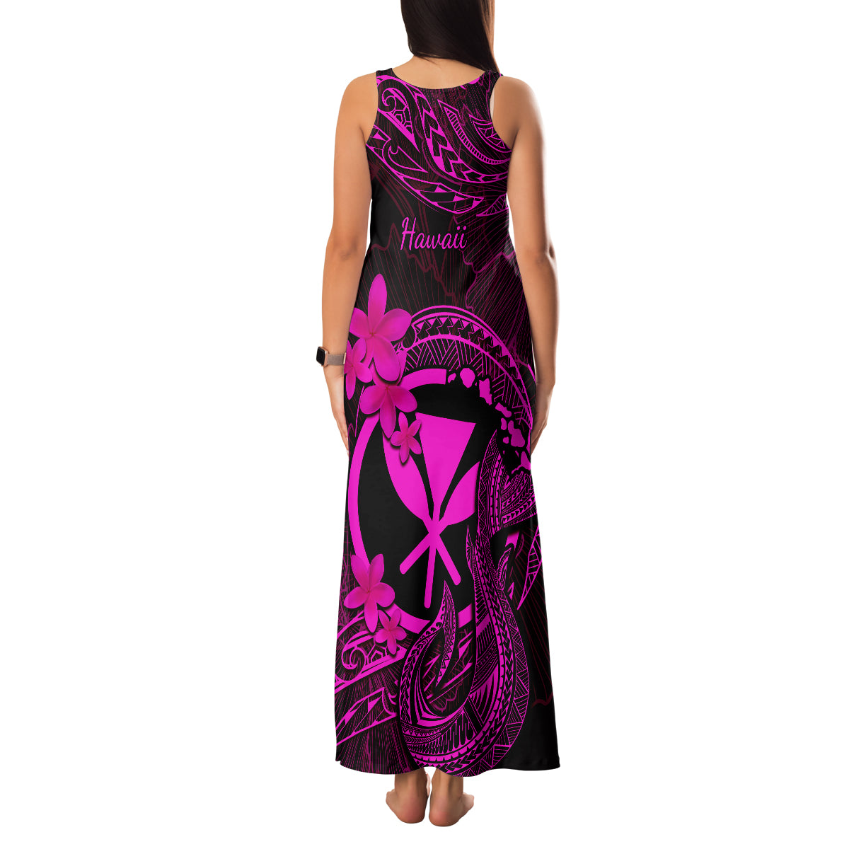 Hawaii Family Matching Tank Maxi Dress and Hawaiian Shirt Fish Hook Tattoo Mix Polynesian Plumeria Pink Version - Wonder Print Shop