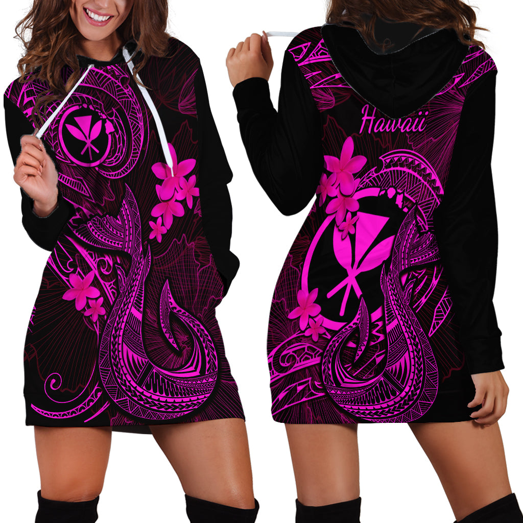 Hawaii Hoodie Dress Fish Hook Tattoo Mix Polynesian Plumeria Pink Version - Wonder Print Shop