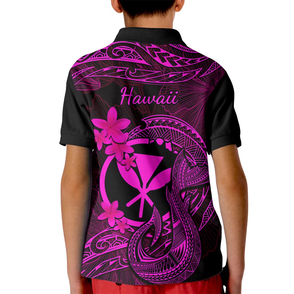 Hawaii Kid Polo Shirt Fish Hook Tattoo Mix Polynesian Plumeria Pink Version - Wonder Print Shop