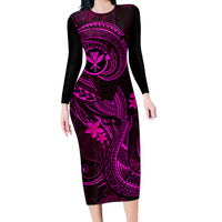 Hawaii Long Sleeve Bodycon Dress Fish Hook Tattoo Mix Polynesian Plumeria Pink Version - Wonder Print Shop