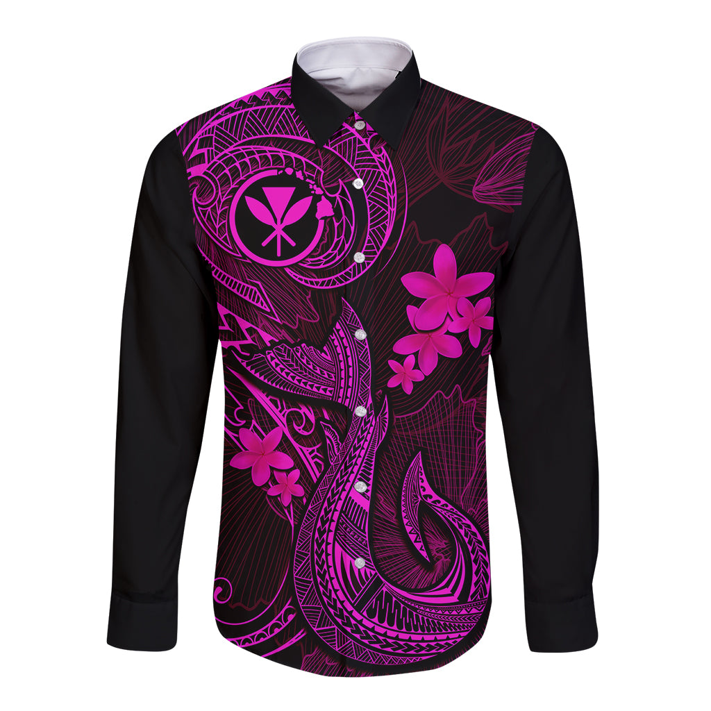 Hawaii Long Sleeve Button Shirt Fish Hook Tattoo Mix Polynesian Plumeria Pink Version - Wonder Print Shop