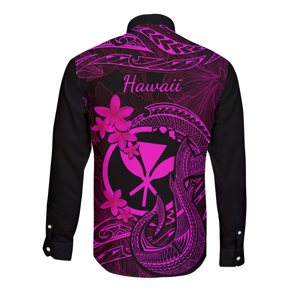 Hawaii Long Sleeve Button Shirt Fish Hook Tattoo Mix Polynesian Plumeria Pink Version - Wonder Print Shop