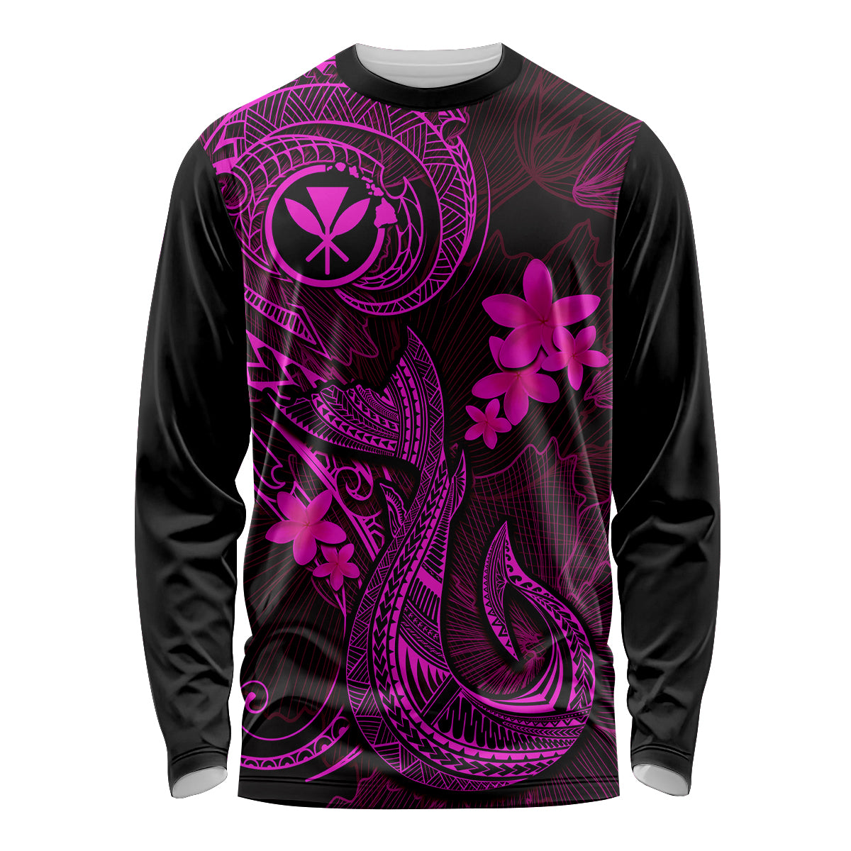 Hawaii Long Sleeve Shirt Fish Hook Tattoo Mix Polynesian Plumeria Pink Version - Wonder Print Shop