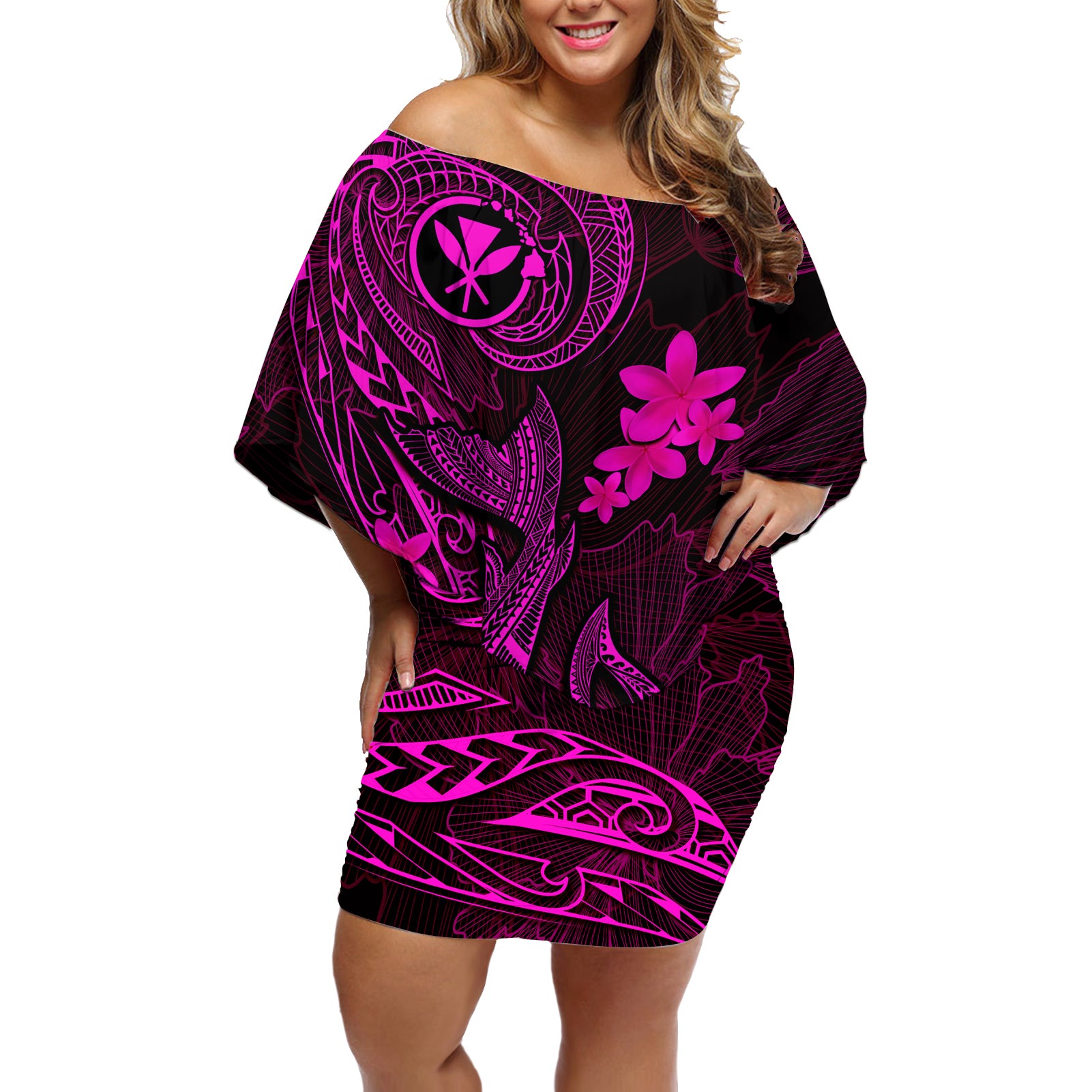 Hawaii Off Shoulder Short Dress Fish Hook Tattoo Mix Polynesian Plumeria Pink Version - Wonder Print Shop