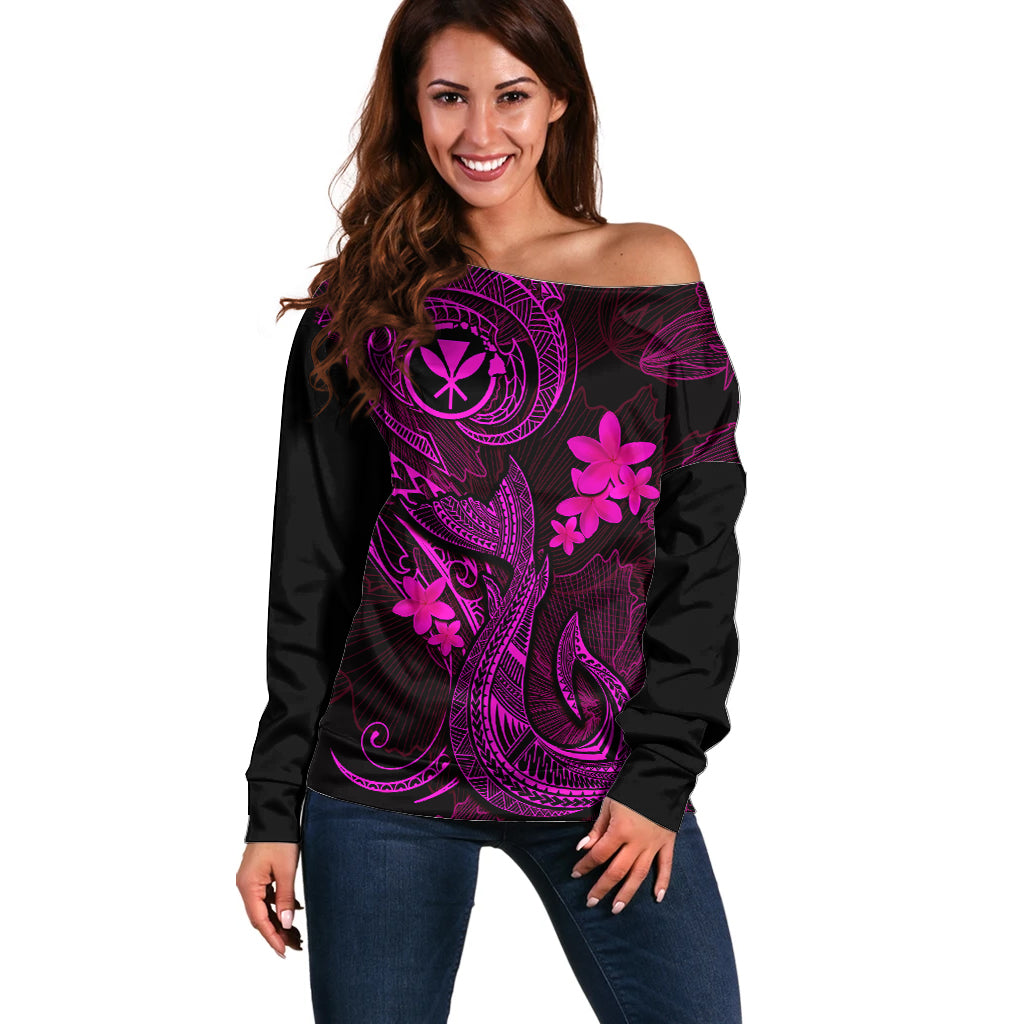 Hawaii Off Shoulder Sweater Fish Hook Tattoo Mix Polynesian Plumeria Pink Version - Wonder Print Shop