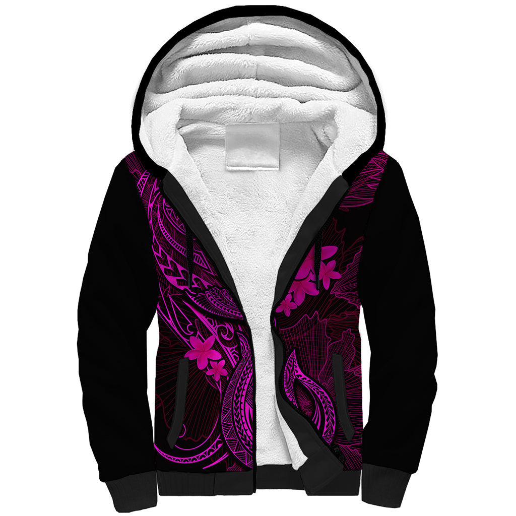 Hawaii Sherpa Hoodie Fish Hook Tattoo Mix Polynesian Plumeria Pink Version - Wonder Print Shop