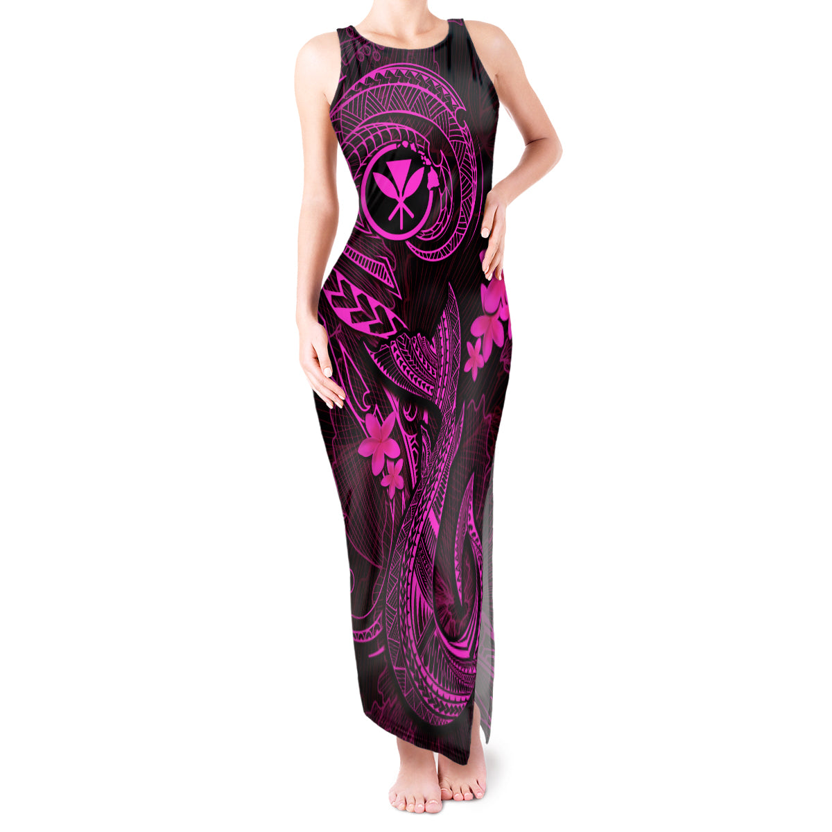 Hawaii Tank Maxi Dress Fish Hook Tattoo Mix Polynesian Plumeria Pink Version - Wonder Print Shop