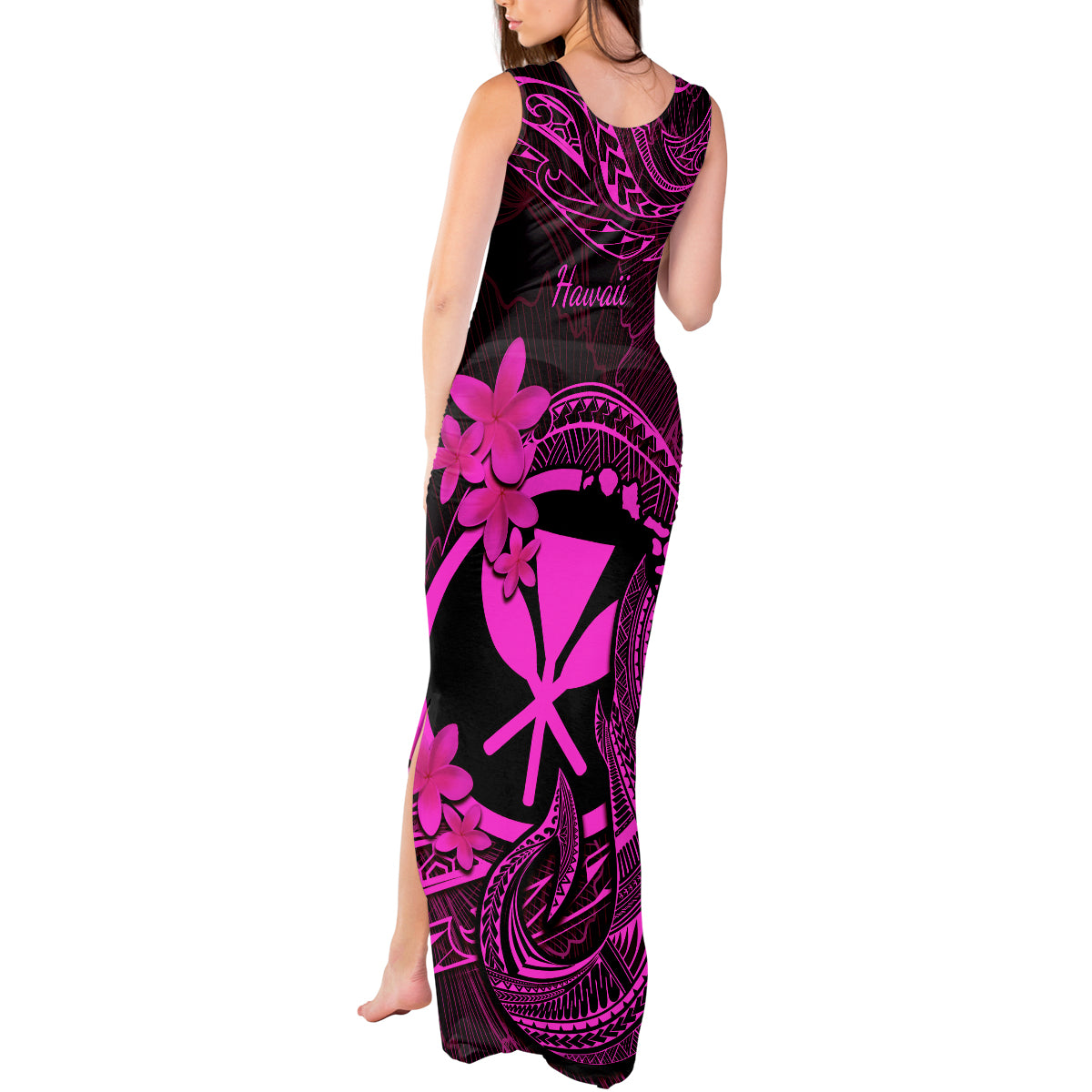 Hawaii Tank Maxi Dress Fish Hook Tattoo Mix Polynesian Plumeria Pink Version - Wonder Print Shop