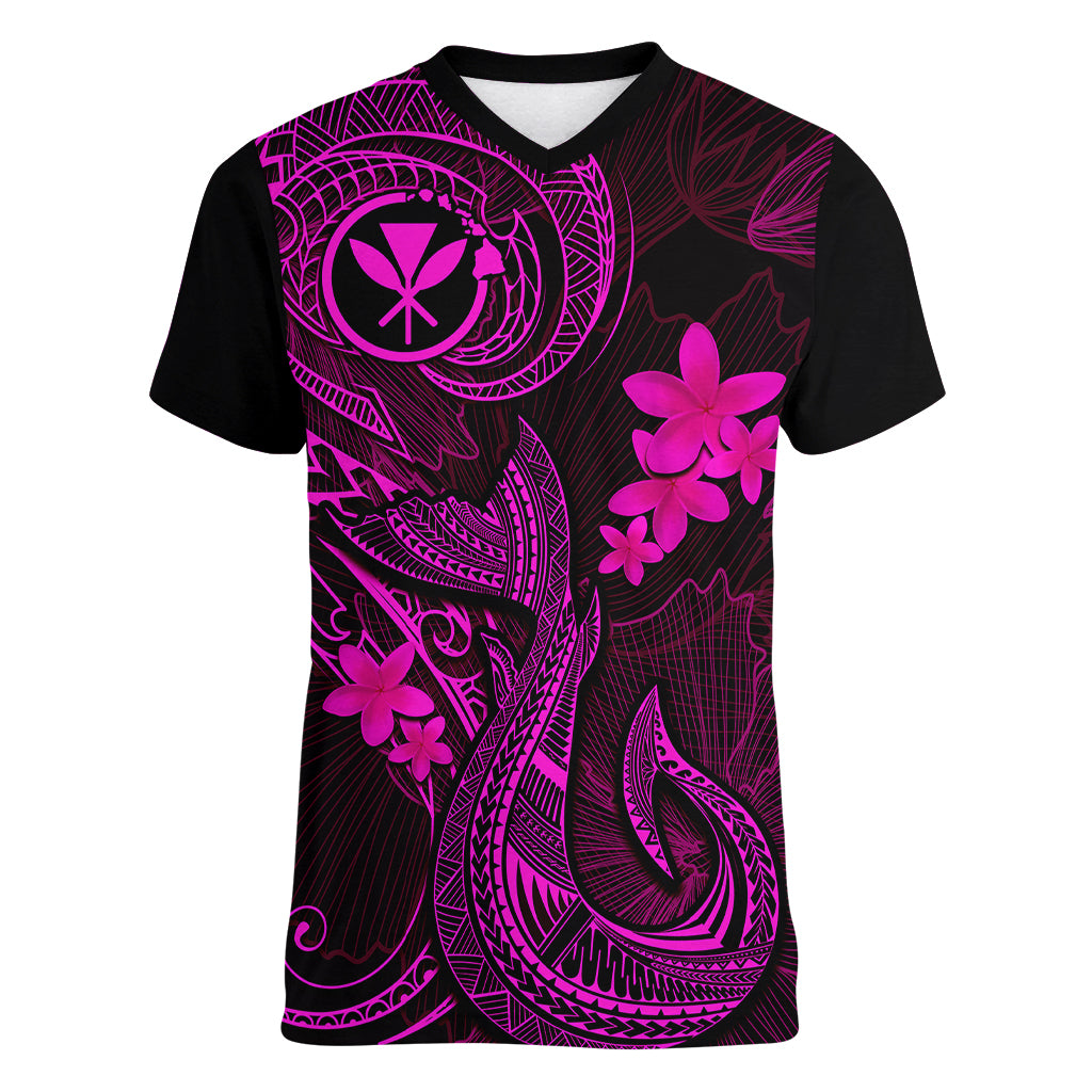 Hawaii Women V Neck T Shirt Fish Hook Tattoo Mix Polynesian Plumeria Pink Version - Wonder Print Shop