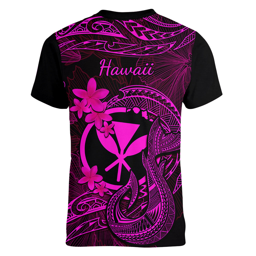 Hawaii Women V Neck T Shirt Fish Hook Tattoo Mix Polynesian Plumeria Pink Version - Wonder Print Shop
