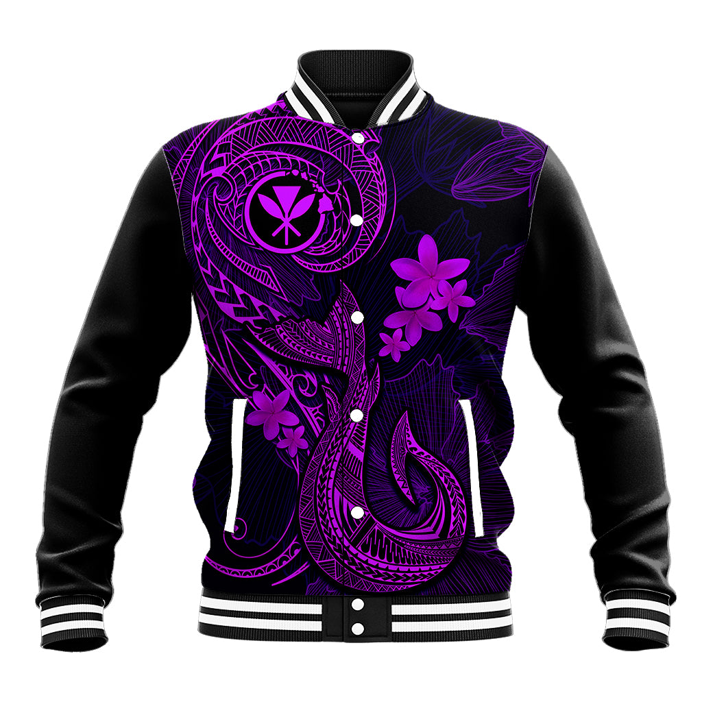 Hawaii Baseball Jacket Fish Hook Tattoo Mix Polynesian Plumeria Purple Version - Wonder Print Shop