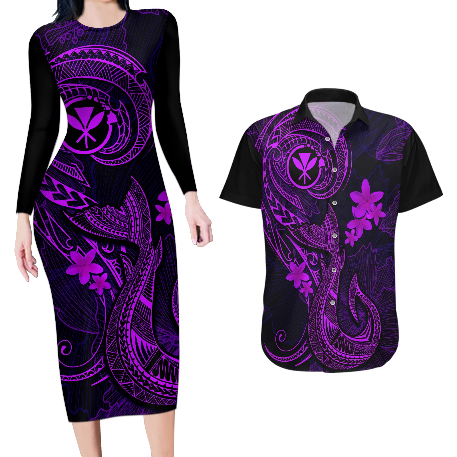 Hawaii Couples Matching Long Sleeve Bodycon Dress and Hawaiian Shirt Fish Hook Tattoo Mix Polynesian Plumeria Purple Version - Wonder Print Shop
