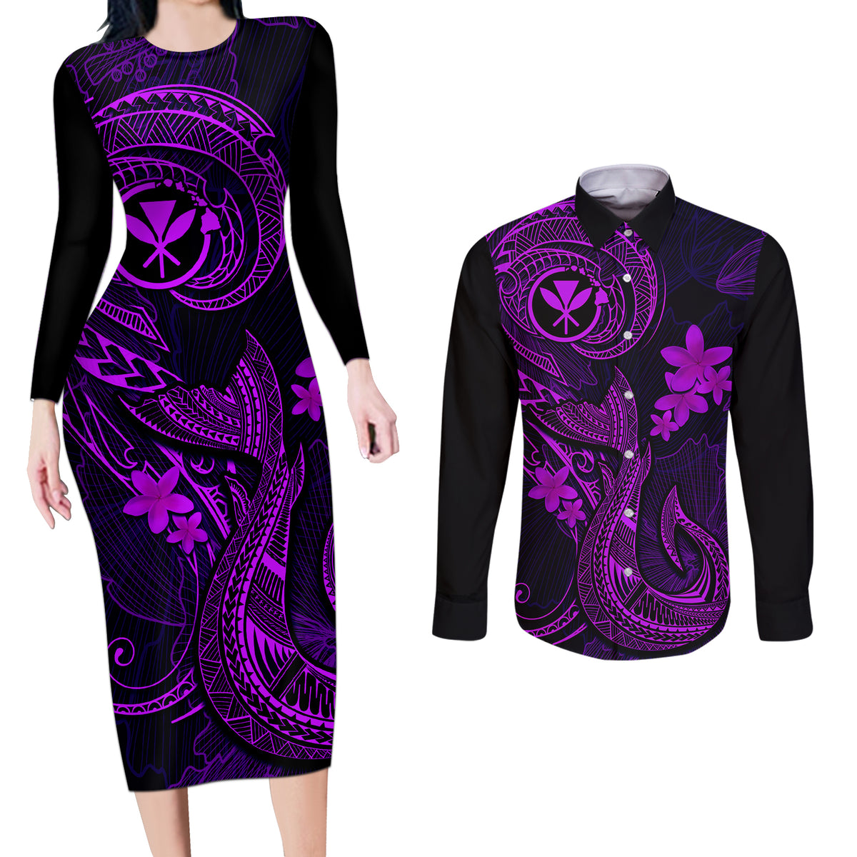 Hawaii Couples Matching Long Sleeve Bodycon Dress and Long Sleeve Button Shirts Fish Hook Tattoo Mix Polynesian Plumeria Purple Version - Wonder Print Shop