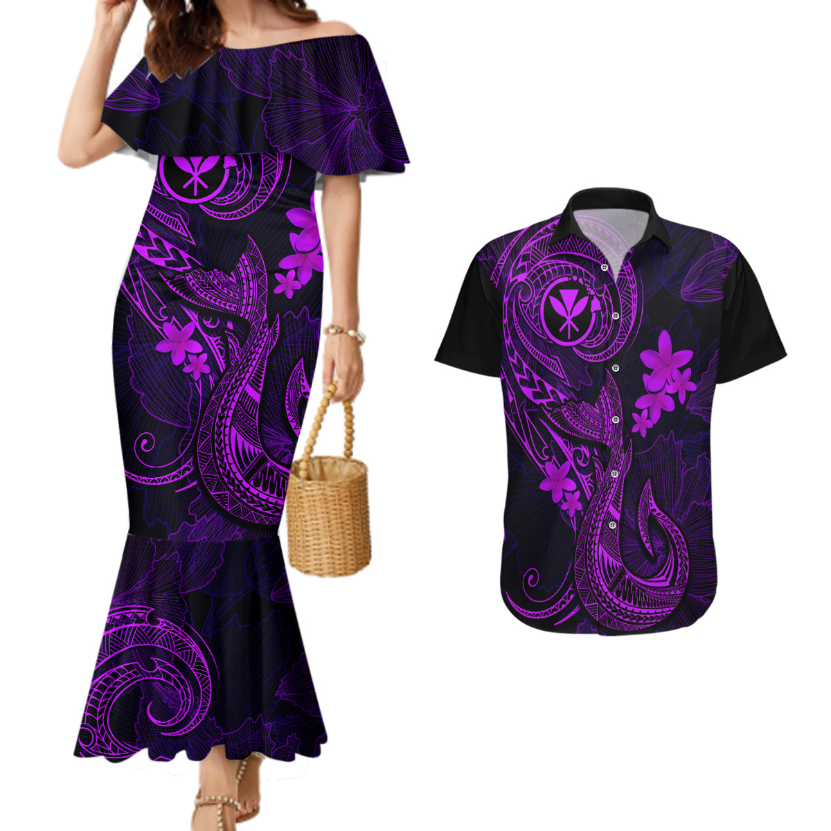 Hawaii Couples Matching Mermaid Dress and Hawaiian Shirt Fish Hook Tattoo Mix Polynesian Plumeria Purple Version - Wonder Print Shop