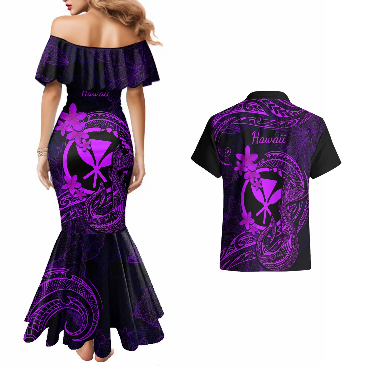 Hawaii Couples Matching Mermaid Dress and Hawaiian Shirt Fish Hook Tattoo Mix Polynesian Plumeria Purple Version - Wonder Print Shop